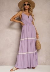 Fioletowa Sukienka Zapinana na Guziki na Ramiączkach z Gumką w Talii i Falbanką Tiamalia. Fioletowe sukienki damskie Renee, na imprezę, l, bez wzorów, eleganckie, bez kołnierzyka, bez ramiączek, maxi. W wyprzedaży za 38.49 zł.