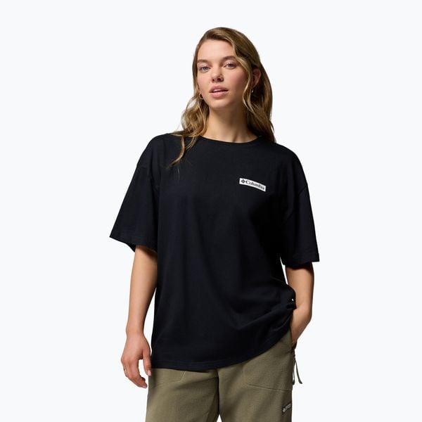 Koszulka trekkingowa damska Columbia Rolling Bend Graphic Oversized Tee. Czarne bluzki damskie Columbia, bez wzorów, sportowe, bez kołnierzyka, bez ramiączek. Za 109.99 zł.