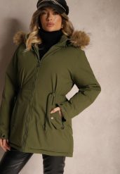 Ciemnozielona Kurtka w Stylu Parka ze Ściągaczami w Talii i Odpinanym Kapturem z Futerkiem Fezirra. Zielone kurtki damskie Renee, l, bez wzorów, z jeansu. Za 289.99 zł.