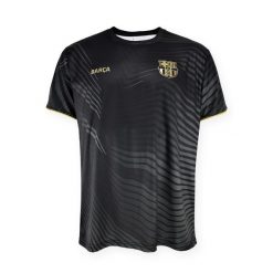 Barça 2025-26 treningowa koszulka - czarno-złota. Czarne t-shirty damskie FC Barcelona, bez wzorów, bez kołnierzyka. Za 173.67 zł.
