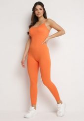 Pomarańczowy Elastyczny Kombinezon Dopasowany Bodycon na Cienkich Regulowanych Ramiączkach Xantella. Brązowe kombinezony damskie Born2be, bez wzorów, sportowe, bez kołnierzyka, bez ramiączek. Za 54.99 zł.