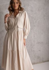 Beżowa Rozkloszowana Sukienka Koszulowa z Bawełny i Wiskozy Zdobiona Klapami Gleta. Brązowe sukienki damskie Renee, na co dzień, l, z aplikacjami, z bawełny, eleganckie, bez kołnierzyka, bez ramiączek, maxi, koszulowe. Za 139.99 zł.
