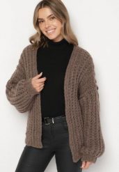 Brązowy Niezapinany Kardigan Oversize z Domieszką Wełny i Wiskozy Tianavia. Brązowe kardigany damskie Born2be, bez wzorów, z jeansu. Za 169.99 zł.