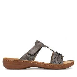 Klapki Rieker. Szare klapki damskie Rieker, bez wzorów, bez obcasa. Za 219.99 zł.