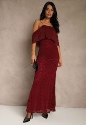 Bordowa Sukienka o Asymetrycznym Kroju Ozdobiona Falbaną Owedia. Czerwone sukienki damskie Renee, l, bez wzorów, z poliesteru, eleganckie, z asymetrycznym kołnierzem, bez ramiączek, asymetryczne. Za 189.99 zł.