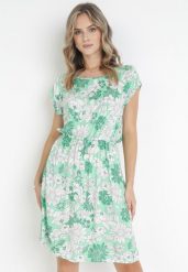 Zielona Wiskozowa Sukienka Mini w Kwiaty z Gumką w Pasie Charmain. Zielone sukienki damskie Born2be, na lato, l, bez wzorów, z wiskozy, bez kołnierzyka, bez ramiączek, midi, rozkloszowane. Za 49.99 zł.