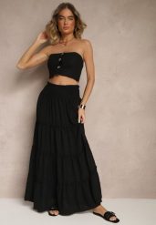 Czarna Rozkloszowana Spódnica z Gumką w Talii Zdobiona Falbanami Dovinelle. Czarne spódniczki damskie Renee, l, z aplikacjami, eleganckie, maxi, rozkloszowane. Za 49.99 zł.