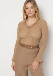 Beżowa Koronkowa Bluzka z Długim Rękawem z Falbanką Isotara. Brązowe bluzki damskie Born2be, m, bez wzorów, z jeansu, eleganckie, bez kołnierzyka, bez ramiączek. Za 69.99 zł.