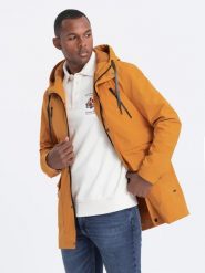 Kurtka męska parka z kieszeniami cargo - musztardowa V3 - Rozmiar: XL. Czarne parki męskie Ombre Clothing, m, bez wzorów. W wyprzedaży za 109.99 zł.