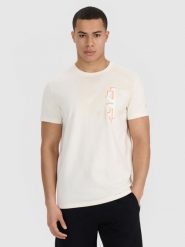 4F T-shirt regular z nadrukiem męski - beżowy XL. Brązowe t-shirty męskie 4f, m, bez wzorów, z bawełny, bez kołnierzyka. W wyprzedaży za 49.99 zł.