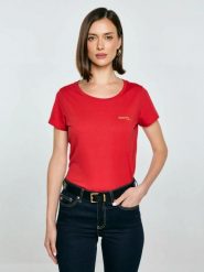 Koszulka damska z brokatowym nadrukiem czerwona Merra 603. Czerwone t-shirty damskie Big Star, l, bez wzorów, z dzianiny, bez kołnierzyka. Za 89.99 zł.