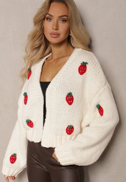 Jasnobeżowy Krótki Kardigan Bez Zapięć Zdobiony Aplikacjami z Truskawkami Invalina. Brązowe kardigany damskie Renee, l, z aplikacjami. Za 159.99 zł.