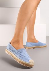 Niebieskie Ażurowe Espadryle na Plecionej Podeszwie z Ozdobnym Noskiem Uraian. Niebieskie espadryle damskie Renee, w ażurowe wzory, ze skóry, bez obcasa. Za 49.99 zł.