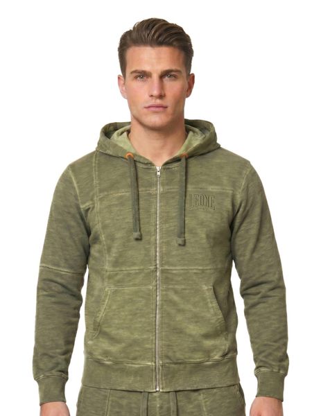 Męska bluza z kapturem Old Wash zapinana na zamek. Niebieskie bluzy sportowe męskie LEONE 1947 APPAREL, bez wzorów, z tkaniny, vintage, bez kołnierzyka, bez ramiączek. Za 412.58 zł.