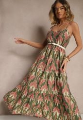Zielono-Różowa Sukienka w Stylu Boho z Cienkimi Regulowanymi Ramiączkami Tosena. Zielone sukienki damskie Renee, na co dzień, na lato, l, bez wzorów, boho, bez kołnierzyka, bez ramiączek, maxi. W wyprzedaży za 52.49 zł.
