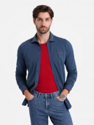Bawełniana męska koszula REGULAR z dzianiny single jersey - niebieska V1. Niebieskie koszule męskie Ombre Clothing, m, bez wzorów, z bawełny, bez kołnierzyka, bez ramiączek. W wyprzedaży za 79.99 zł.