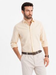Pastelowa bawełniana męska koszula typu oxford – jasnożółta V3 OM-SHOS-0183 - XXL. Żółte koszule męskie Ombre Clothing, l, z aplikacjami, z bawełny, bez kołnierzyka, bez ramiączek. Za 107.99 zł.