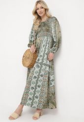 Zielona Sukienka w Stylu Boho z Rozkloszowanym Dołem i Bufiastymi Rękawami Ertiana. Zielone sukienki damskie Born2be, na co dzień, l, bez wzorów, z materiału, boho, bez kołnierzyka, bez ramiączek, maxi, proste. W wyprzedaży za 135.99 zł.