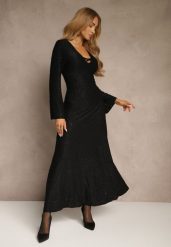 Czarna Rozkloszowana Sukienka Longsleeve w Zebrę Zdobiona Brokatem Mevilisa. Czarne sukienki damskie Renee, l, z aplikacjami, klasyczne, bez kołnierzyka, bez ramiączek, maxi, rozkloszowane. Za 169.99 zł.