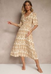 Ciemnobeżowa Sukienka Boho Rozkloszowana z Wiskozy z Odkrytymi Plecami Tuvria. Brązowe sukienki damskie Renee, na co dzień, l, bez wzorów, z wiskozy, boho, bez kołnierzyka, bez ramiączek, midi, rozkloszowane. W wyprzedaży za 63.99 zł.