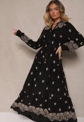 Czarna Rozkloszowana Sukienka Ozdobiona Haftem i Wzorem Boho Ronavere. Czarne sukienki damskie Renee, na co dzień, na lato, l, bez wzorów, boho, bez kołnierzyka, bez ramiączek, maxi, kopertowe. W wyprzedaży za 139.99 zł.