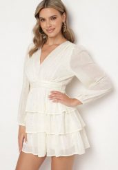Jasnobeżowa Mini Sukienka Rozkloszowana z Metalicznym Nadrukiem i Falbankami Elawnia. Brązowe sukienki damskie Born2be, l, bez wzorów, eleganckie, bez kołnierzyka, bez ramiączek, mini, rozkloszowane. Za 119.99 zł.