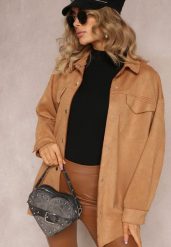 Brązowa Koszula z Klapami Zapinana na Napy Elmanette. Brązowe koszule damskie Renee, xl, bez wzorów, bez kołnierzyka, bez ramiączek. Za 129.99 zł.