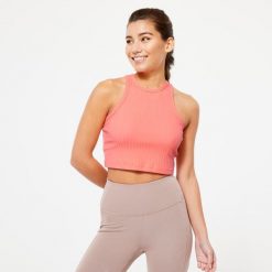 Koszulka bez rękawów damska Domyos Gym & Pilates 520 crop top. Brązowe bluzki sportowe damskie NYAMBA, xl, bez wzorów, z bawełny, bez kołnierzyka. W wyprzedaży za 29.99 zł.