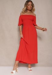 Czerwona Rozkloszowana Sukienka Hiszpanka z Bawełny z Elastyczną Górą Maissa. Czerwone sukienki damskie Renee, na co dzień, l, bez wzorów, z bawełny, eleganckie, bez kołnierzyka, bez ramiączek, midi, rozkloszowane. W wyprzedaży za 41.99 zł.