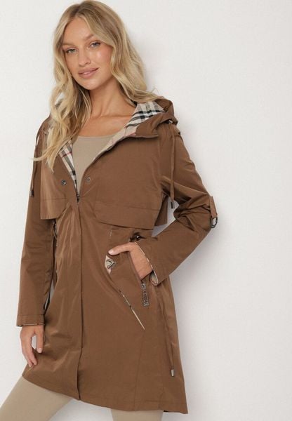 Brązowa Kurtka Parka z Kapturem ze Wzorem w Kratę i Podpinanymi Rękawami Gavaria. Brązowe kurtki damskie Born2be, l, bez wzorów, z jeansu, z kapturem. Za 189.99 zł.