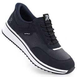 Półbuty damskie na podwyższeniu granatowe Rieker L5850-14. Półbuty damskie Rieker, bez wzorów, ze skóry ekologicznej, bez obcasa. Za 379.00 zł.