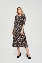 Sukienka z nadrukiem w kwiaty. Czarne sukienki damskie MOODO, xs, bez wzorów, z dzianiny, eleganckie, bez kołnierzyka, bez ramiączek, baskinki. W wyprzedaży za 29.99 zł.