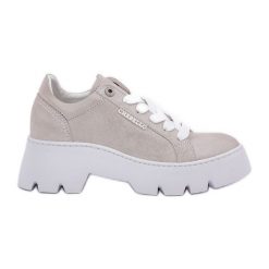 Sneakersy Buty Sportowe Na Platformie CheBello 4632 Srebrne srebrny. Szare buty sportowe na co dzień damskie bez wzorów, ze skóry. Za 683.46 zł.
