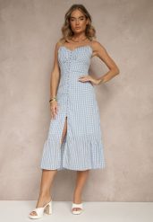 Niebieska Rozkloszowana Sukienka z Wiskozą na Cienkich Ramiączkach z Guzikami Efrisela. Niebieskie sukienki damskie Renee, na spacer, l, bez wzorów, z wiskozy, eleganckie, bez kołnierzyka, bez ramiączek, midi, rozkloszowane. W wyprzedaży za 83.99 zł.