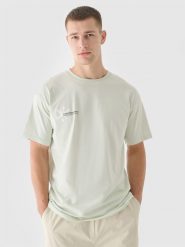 4F T-shirt oversize z nadrukiem męski - turkusowy S. Niebieskie t-shirty męskie 4f, m, bez wzorów, z bawełny, bez kołnierzyka. W wyprzedaży za 29.99 zł.