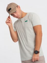 Męski bawełniany t-shirt z zieloną naszywką na piersi – jasnoszary V2 OM-TSCT-0151 - XXL. Szare t-shirty męskie Ombre Clothing, l, z aplikacjami, z bawełny, bez kołnierzyka. Za 77.99 zł.