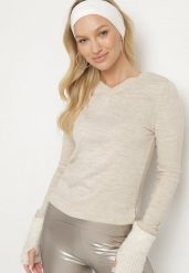 Jasnobeżowy Klasyczny Sweter z Dekoltem w Szpic Felitha. Brązowe swetry klasyczne damskie Born2be, m, z jeansu, bez kołnierzyka. Za 74.99 zł.