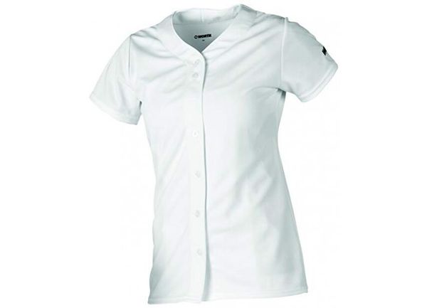 Damska koszulka softballowa z pełnym guzikiem. Białe t-shirty damskie WORTH, xl, bez wzorów, z materiału, bez kołnierzyka. Za 129.95 zł.