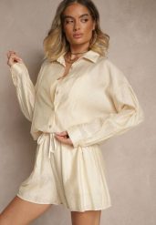 Beżowy Komplet z Tkaniny z Cyrkoniami Koszula i Szorty Jenadriella. Brązowe koszule damskie Renee, z aplikacjami, z tkaniny, eleganckie. Za 129.99 zł.