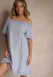 Jasnoniebieska Sukienka o Kroju Hiszpanki z Bawełny z Ażurowymi Zdobieniami Filviana. Niebieskie sukienki damskie Renee, na co dzień, l, z aplikacjami, z bawełny, eleganckie, bez kołnierzyka, bez ramiączek, mini, rozkloszowane. W wyprzedaży za 62.99 zł.