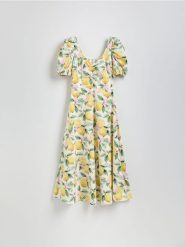 Wzorzysta sukienka midi - Inny. Sukienki damskie Reserved, l, bez wzorów, z tkaniny, bez kołnierzyka, bez ramiączek, midi, rozkloszowane. Za 159.99 zł.