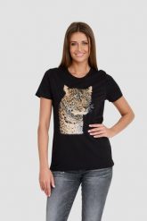 GUESS Czarny T-shirt Leopard Jewel Easy Tee. Czarne t-shirty damskie Guess, s, z aplikacjami, bez kołnierzyka. W wyprzedaży za 163.99 zł.