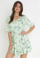Jasnozielona Rozkloszowana Sukienka Mini z Wiskozy z Gumką w Pasie Sorrail. Zielone sukienki damskie Born2be, na imprezę, na lato, l, bez wzorów, z wiskozy, bez kołnierzyka, bez ramiączek, mini, rozkloszowane. W wyprzedaży za 43.99 zł.
