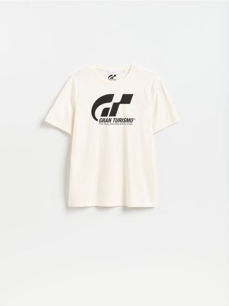 T-shirt Gran Turismo - biały. Białe t-shirty męskie Reserved, l, bez wzorów, z bawełny, bez kołnierzyka. Za 69.99 zł.