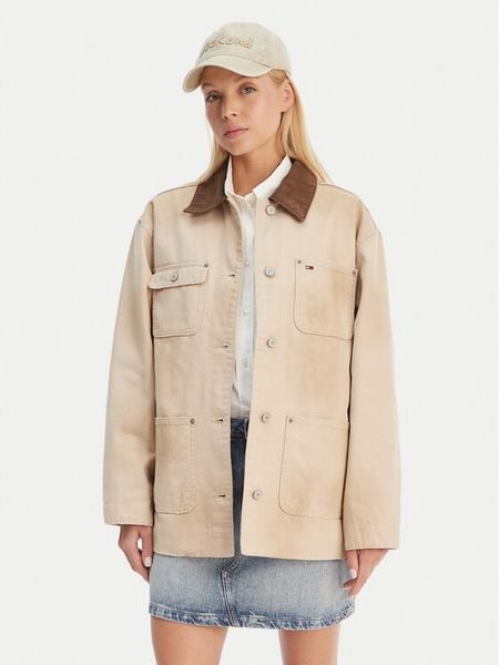 Tommy Jeans Kurtka koszulowa Distressed Chore DW0DW22599 Beżowy Relaxed Fit. Brązowe kurtki damskie Tommy Jeans, xxs, bez wzorów, z bawełny, bez kaptura. Za 479.99 zł.
