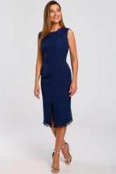 Elegancka sukienka ołówkowa midi rozcięcie na dole i koronka granatowa. Sukienki damskie Sukienki.shop, do pracy, l, bez wzorów, z elastanu, biznesowe, bez kołnierzyka, bez ramiączek, midi, ołówkowe. Za 249.00 zł.