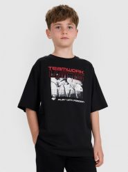 4F T-shirt oversize z nadrukiem dziecięcy - czarny 146/152 (10-12 lat). Czarne koszulki dziewczęce 4f, m, bez wzorów, z bawełny, bez ramiączek. Za 49.99 zł.