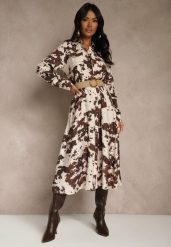 Brązowa Sukienka z Wiskozą o Koszulowym Kroju z Paskiem w Krowie Łaty Carlitia. Brązowe sukienki damskie Renee, na spotkanie biznesowe, na lato, l, bez wzorów, z wiskozy, bez kołnierzyka, bez ramiączek, midi, koszulowe. Za 139.99 zł.