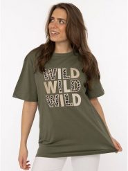 Zwillingsherz Koszulka "Wild Wild Wild" w kolorze khaki rozmiar: M. Brązowe bluzki damskie Zwillingsherz, m, bez wzorów, z bawełny, bez kołnierzyka, bez ramiączek. Za 82.99 zł.