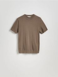 Sweter z krótkim rękawem - brązowy. Brązowe swetry męskie Reserved, l, bez wzorów, z bawełny, bez kołnierzyka. Za 89.99 zł.